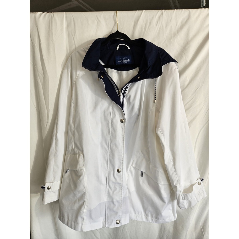 Mackintosh New England Womens 2X Rain Jacket White Navy Hooded Nautical Coat